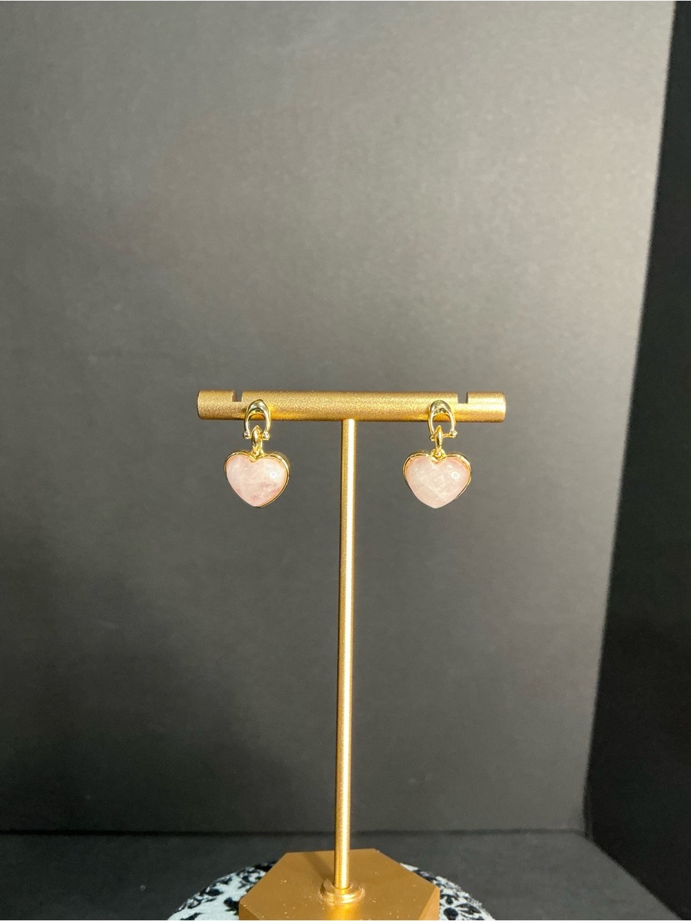 Coach Pink Rose Quartz Heart Gold Drop Earrings